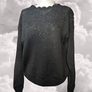 Vintage black floral embroidered knit oversized womens sweater